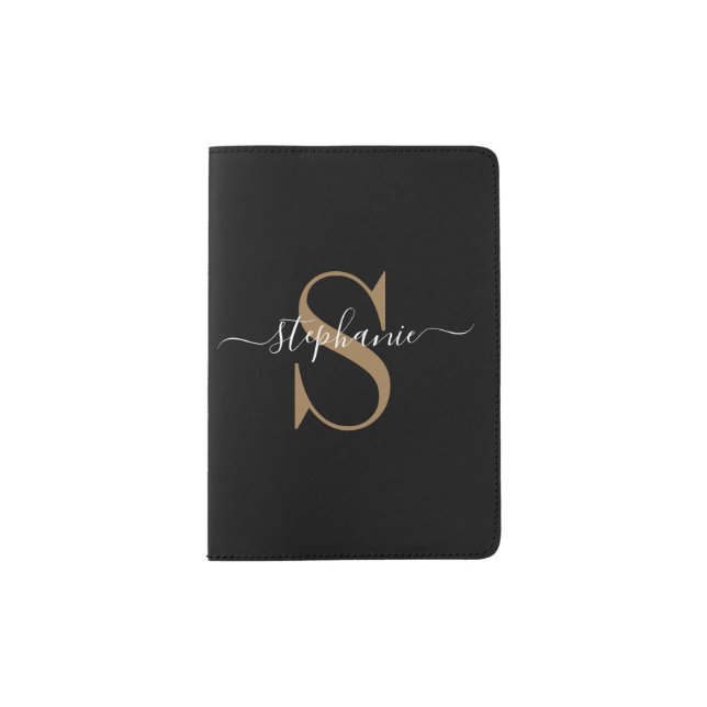 Modern Black Gold Script Custom Monogram Name Passport Holder (Front)