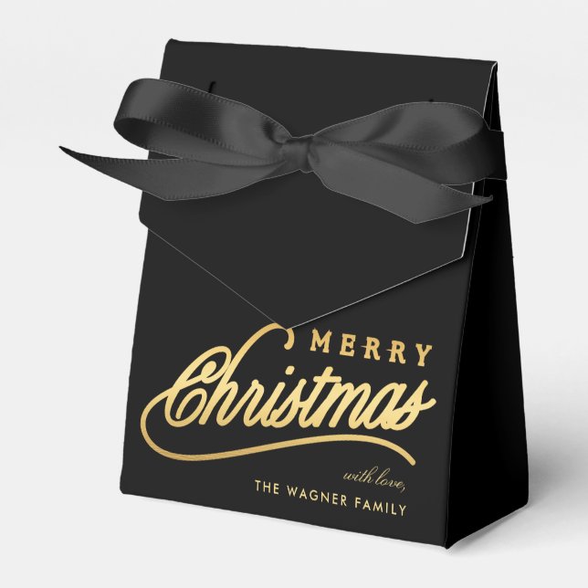 Modern Black & Gold Script Merry Christmas Favor Boxes (Front Side)