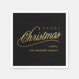 Modern Black & Gold Script Merry Christmas Napkins
