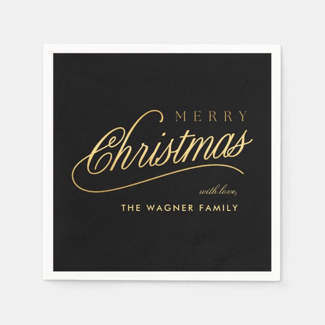 Modern Black & Gold Script Merry Christmas Napkins (Front)