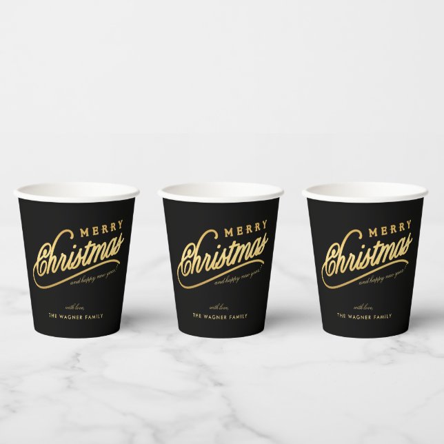 Modern Black & Gold Script Merry Christmas Paper Cups (Multi)
