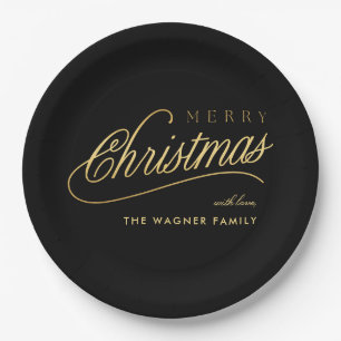 Modern Black & Gold Script Merry Christmas Paper Plates