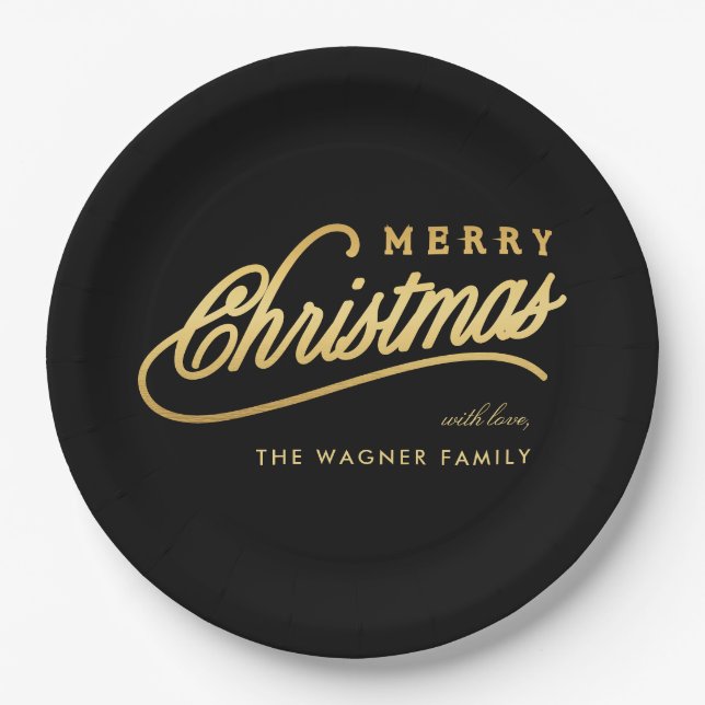 Modern Black & Gold Script Merry Christmas Paper Plates (Front)