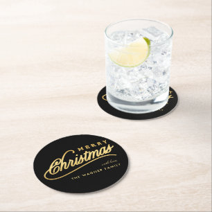 Modern Black & Gold Script Merry Christmas Round Paper Coaster