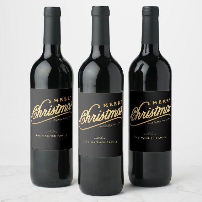 Modern Black & Gold Script Merry Christmas Wine Label (Bottles)