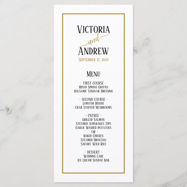 Modern Black Gold Script Minimal Wedding Menu (Front)