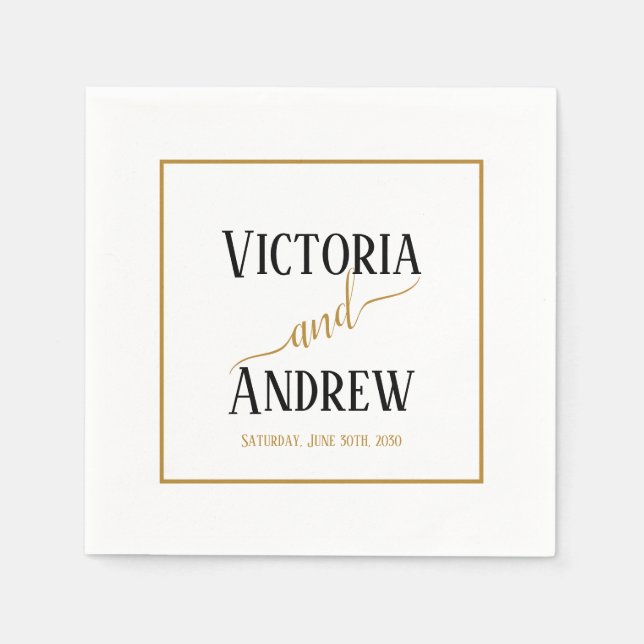 Modern Black Gold Script Minimal Wedding Napkins (Front)