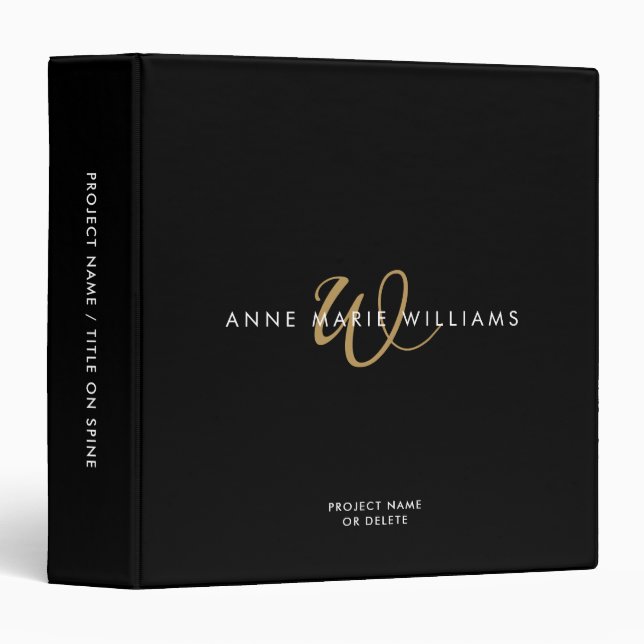 Modern Black Gold Script Monogram 3 Ring Binder (Front/Spine)