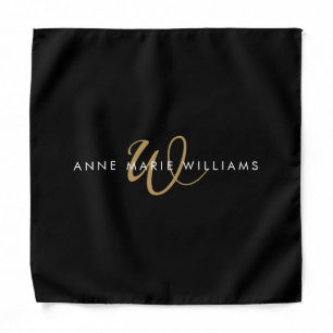 Modern Black Gold Script Monogram  Bandana