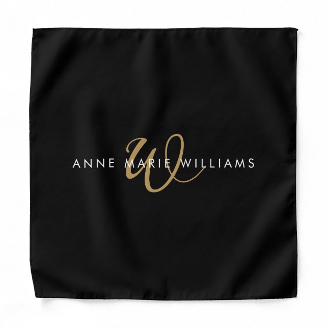 Modern Black Gold Script Monogram  Bandana (Front)