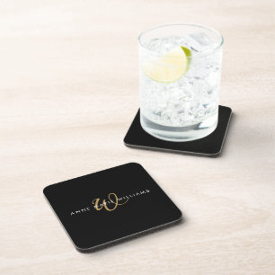 Modern Black Gold Script Monogram Beverage Coaster