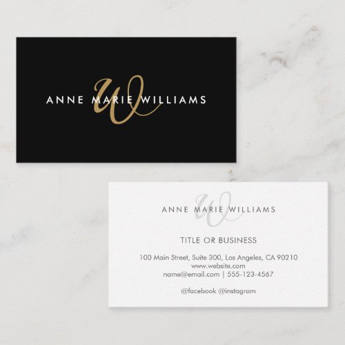 Modern Black Gold Script Monogram Business Card