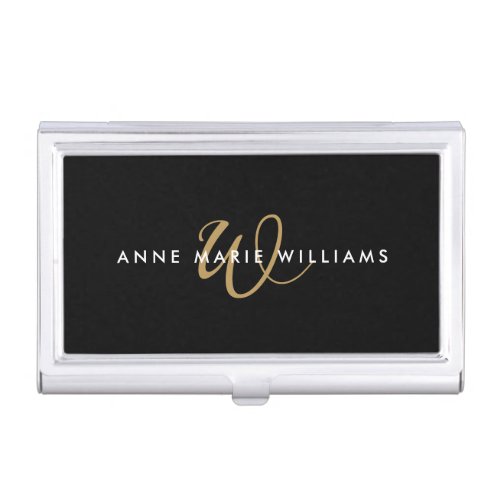 Modern Black Gold Script Monogram Business Card Case