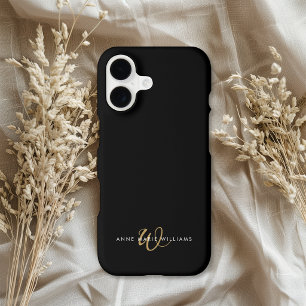 Modern Black Gold Script Monogram iPhone 17 Case
