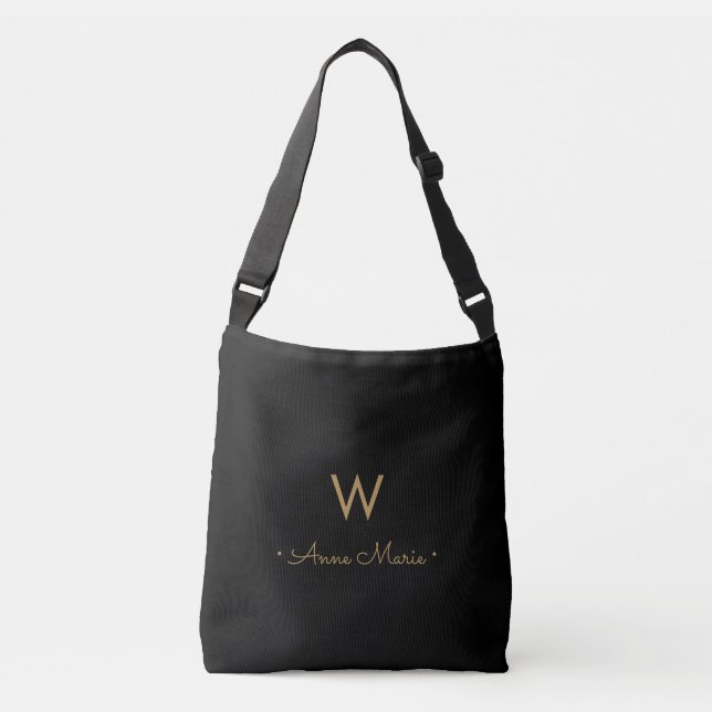 Modern Black Gold Script Monogram Crossbody Bag (Front)