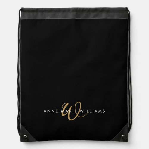 Modern Black Gold Script Monogram Drawstring Bag