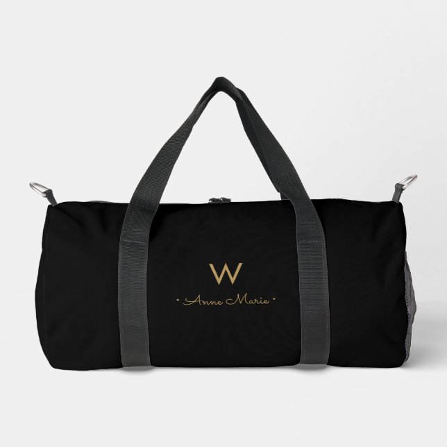 Modern Black Gold Script Monogram Duffle Bag (Front)