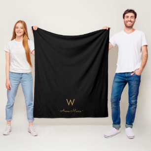 Modern Black Gold Script Monogram Fleece Blanket