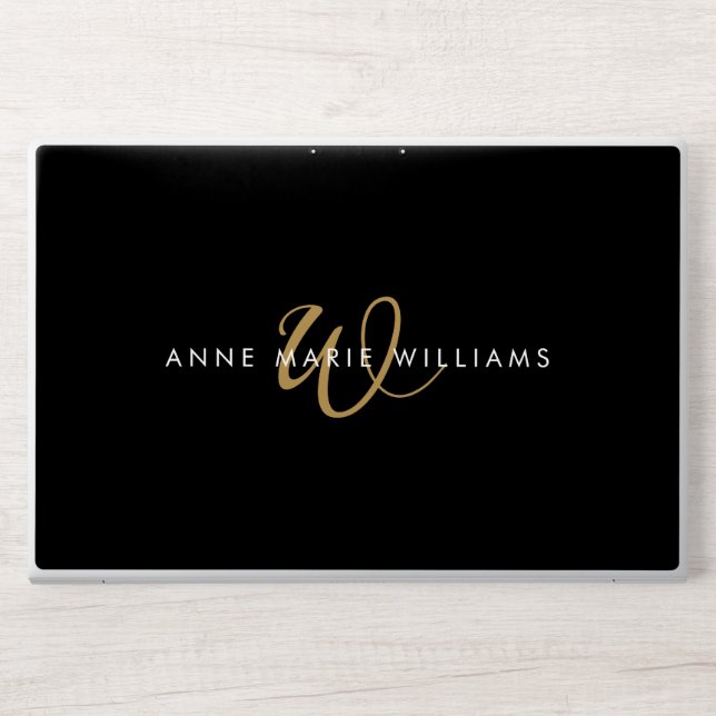 Modern Black Gold Script Monogram HP Laptop Skin (Front)