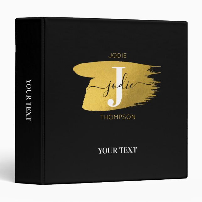 Modern Black & Gold Script Monogram Initial 3 Ring Binder (Front/Spine)