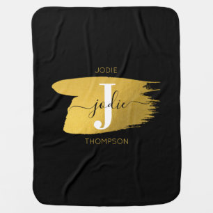Modern Black & Gold Script Monogram Initial Baby Blanket