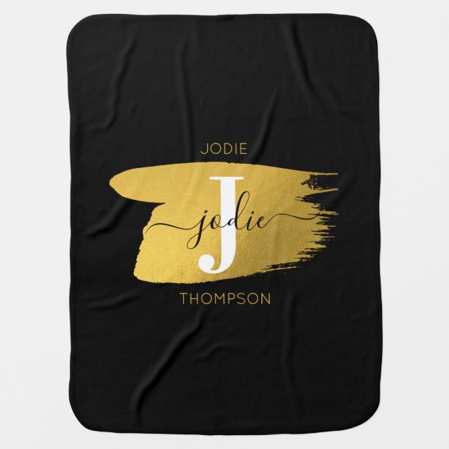 Modern Black & Gold Script Monogram Initial Baby Blanket (Front)