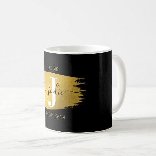 Modern Black  Gold Script Monogram Initial Coffee Mug