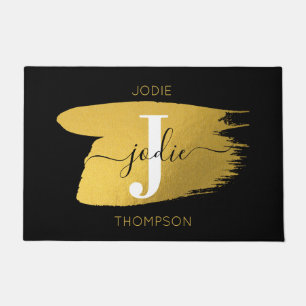 Modern Black & Gold Script Monogram Initial Doormat
