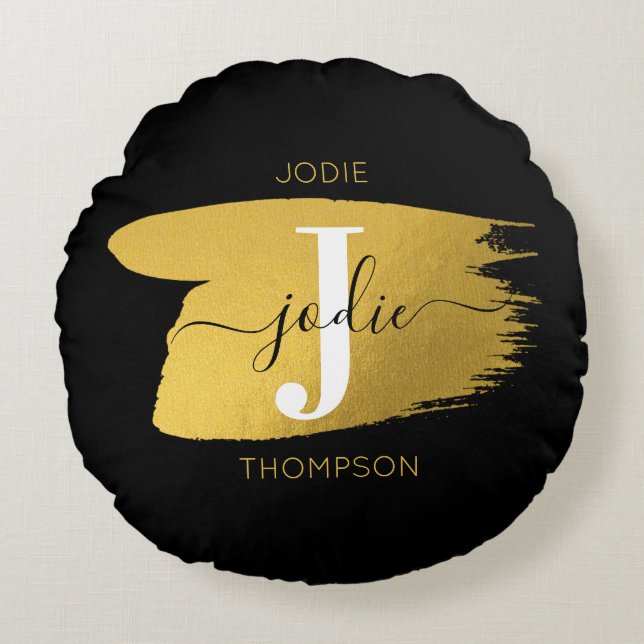 Modern Black & Gold Script Monogram Initial Round Pillow (Front)