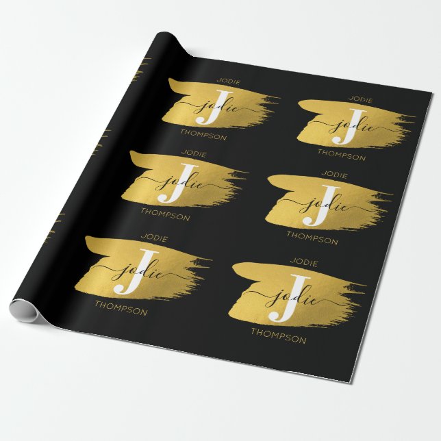 Modern Black & Gold Script Monogram Initial Wrapping Paper (Unrolled)