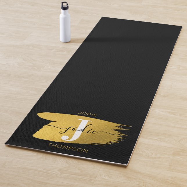 Modern Black & Gold Script Monogram Initial Yoga Mat (In Situ)