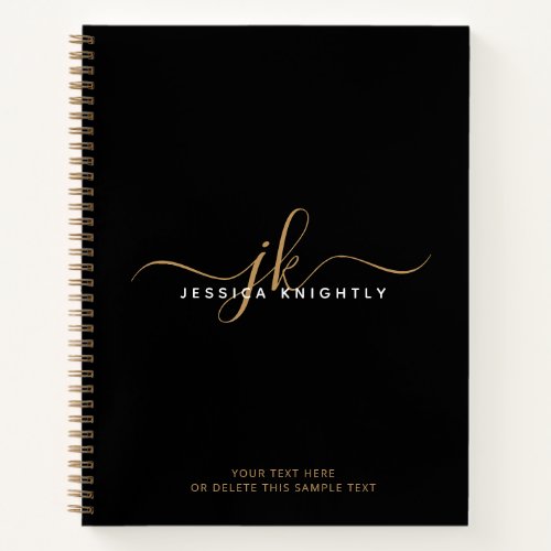 Modern Black Gold Script Monogram Initials Name Notebook