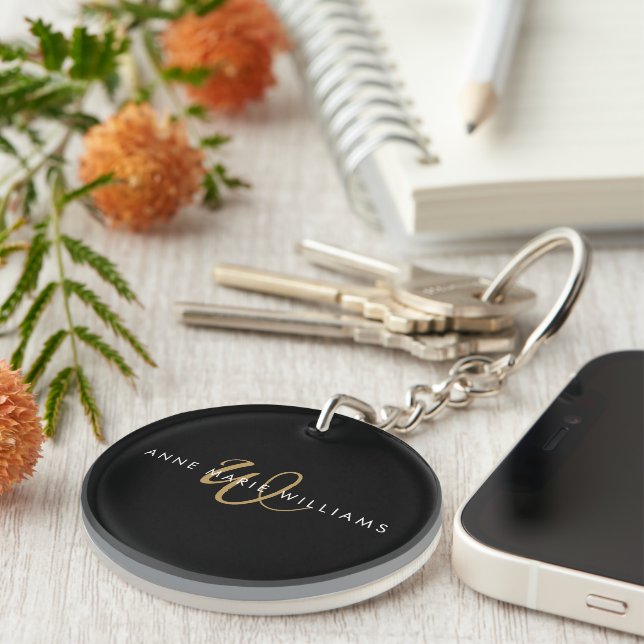 Modern Black Gold Script Monogram Keychain (Front Right)