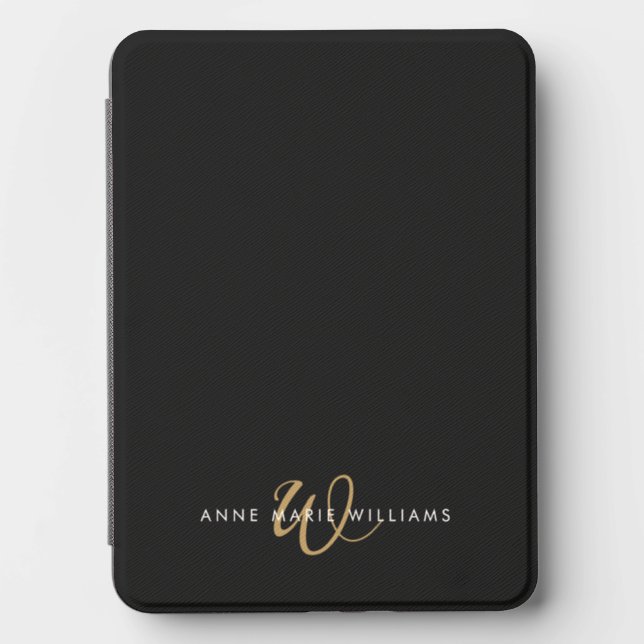 Modern Black Gold Script Monogram Kindle Cover (Front)