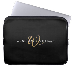 Modern Black Gold Script Monogram Laptop Sleeve