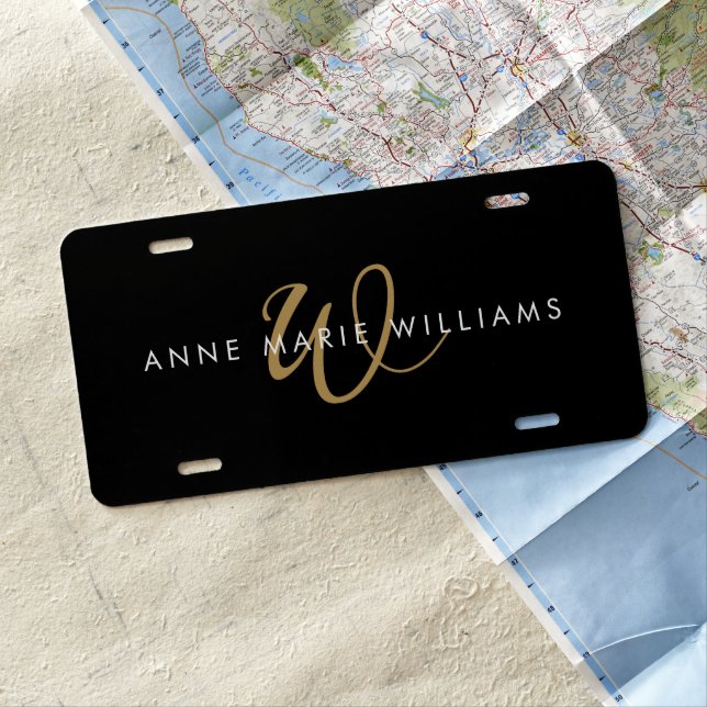 Modern Black Gold Script Monogram  License Plate (In Situ)