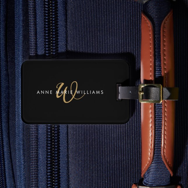 Modern Black Gold Script Monogram  Luggage Tag (Front Insitu 4)