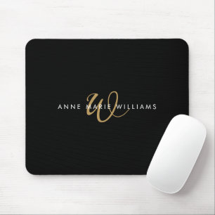 Modern Black Gold Script Monogram Mouse Pad