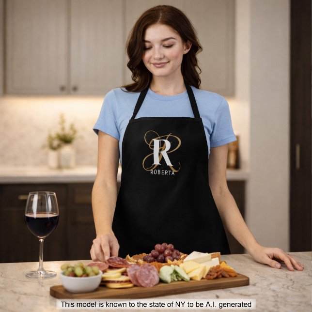 Modern Black Gold Script Monogram Name Apron (Creator Uploaded)