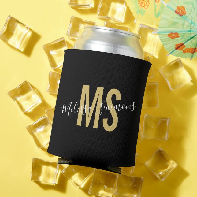 Modern black gold script monogram name can cooler (In Situ Summer)