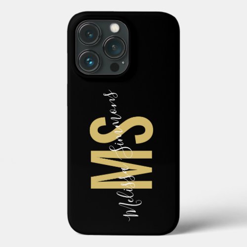 Modern black gold script monogram name iPhone 13 pro case