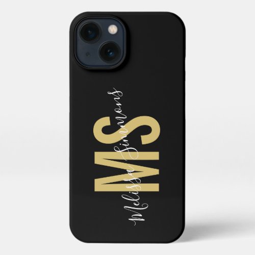 Modern black gold script monogram name iPhone 13 case