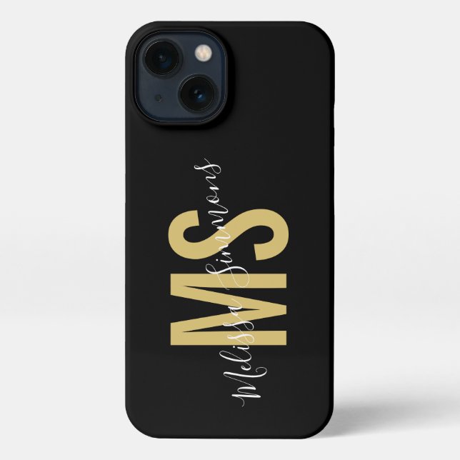 Modern black gold script monogram name iPhone case (Back)
