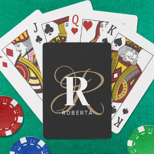 Modern Black Gold Script Monogram Name Poker Cards