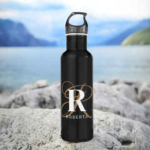 Modern Black Gold Script Monogram Name Stainless Steel Water Bottle