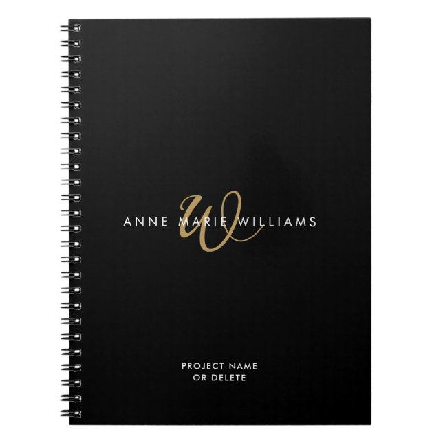 Modern Black Gold Script Monogram Notebook (Front)