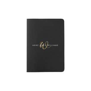 Modern Black Gold Script Monogram Passport Holder
