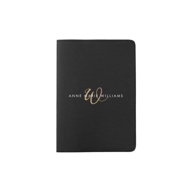 Modern Black Gold Script Monogram Passport Holder (Front)