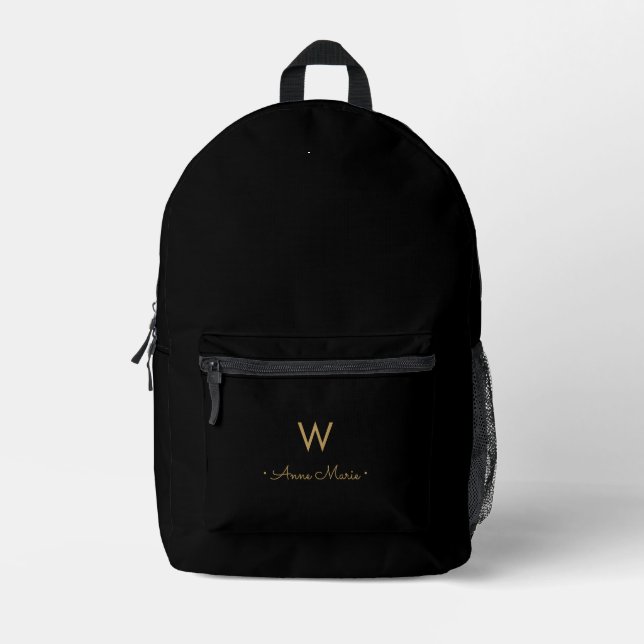 Modern Black Gold Script Monogram Printed Backpack (Front)