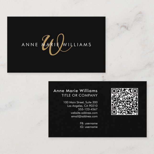 Modern Black Gold Script Monogram QR Code Business Card (Front/Back)
